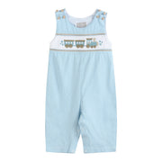 Blue Gingham Train Smocked Longalls