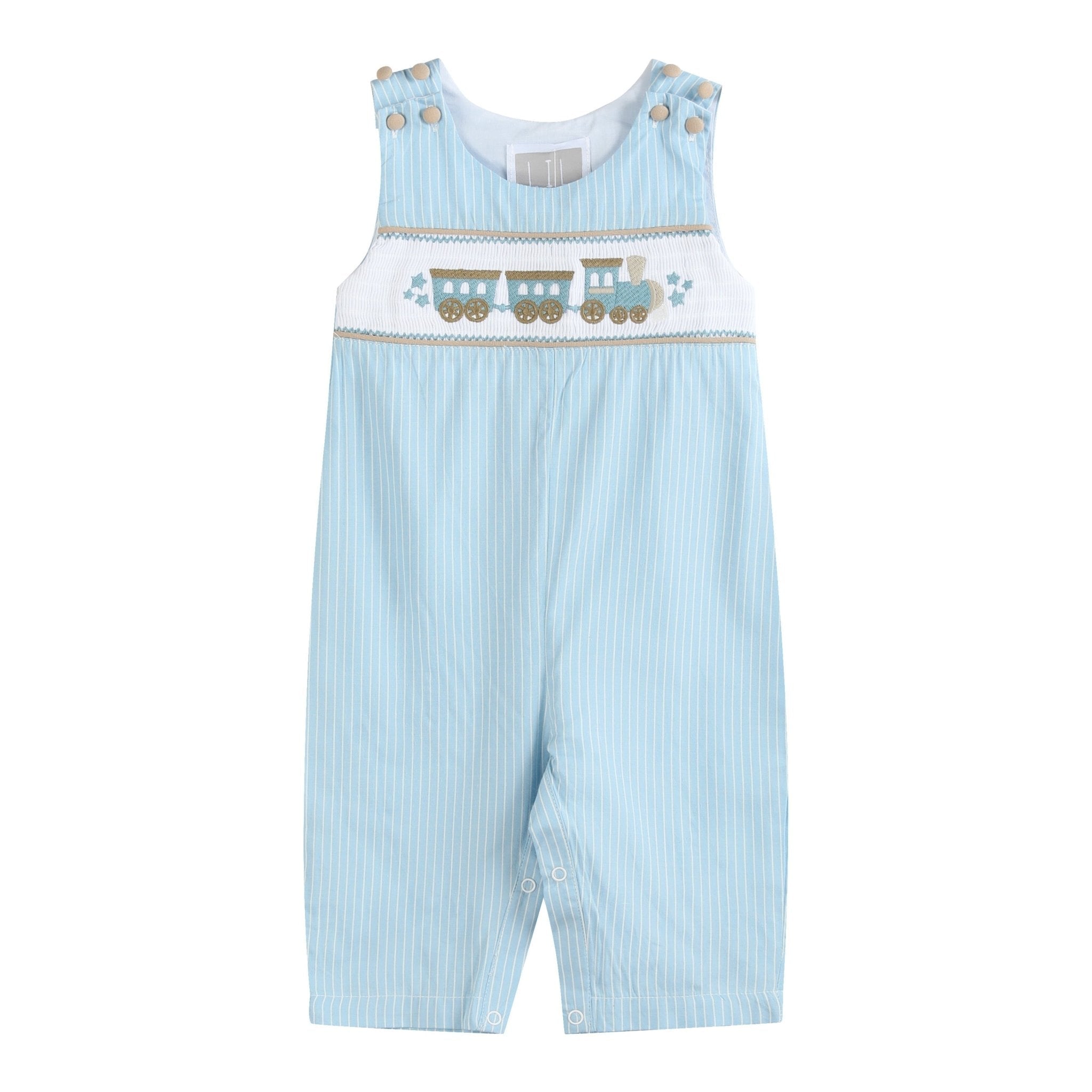 Blue Gingham Train Smocked Longalls