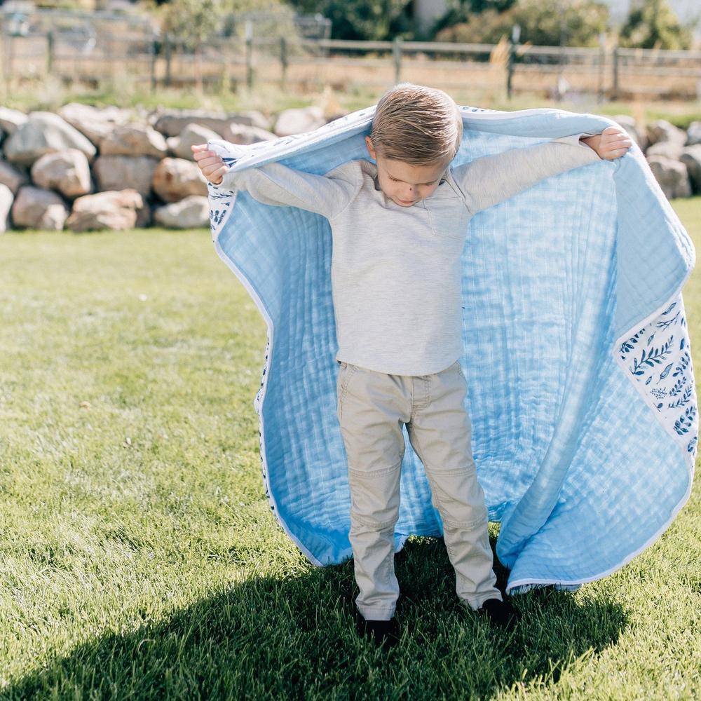 Blue Leaves + Cornflower Premium Cotton Snuggle Blanket