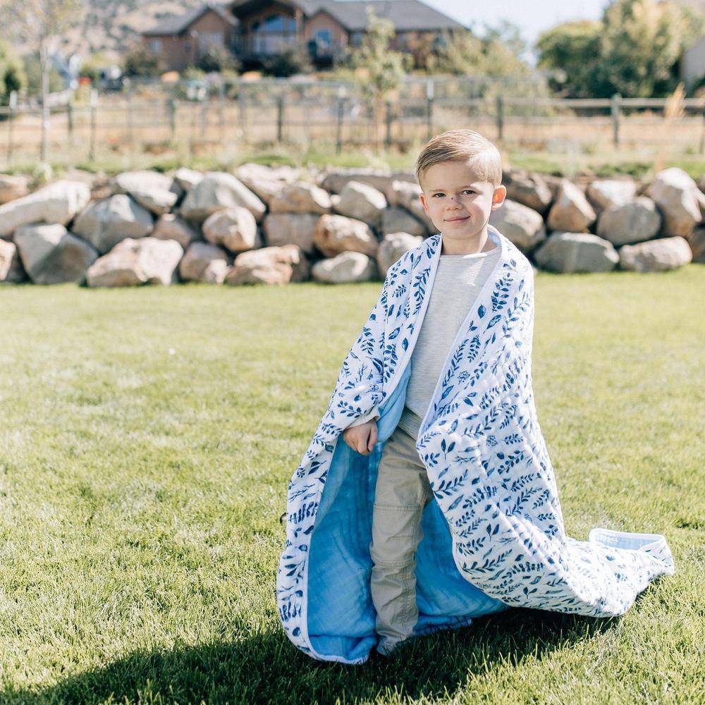 Blue Leaves + Cornflower Premium Cotton Snuggle Blanket