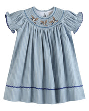 Blue Pinstripe Mallard Duck Smocked Bishop Dress