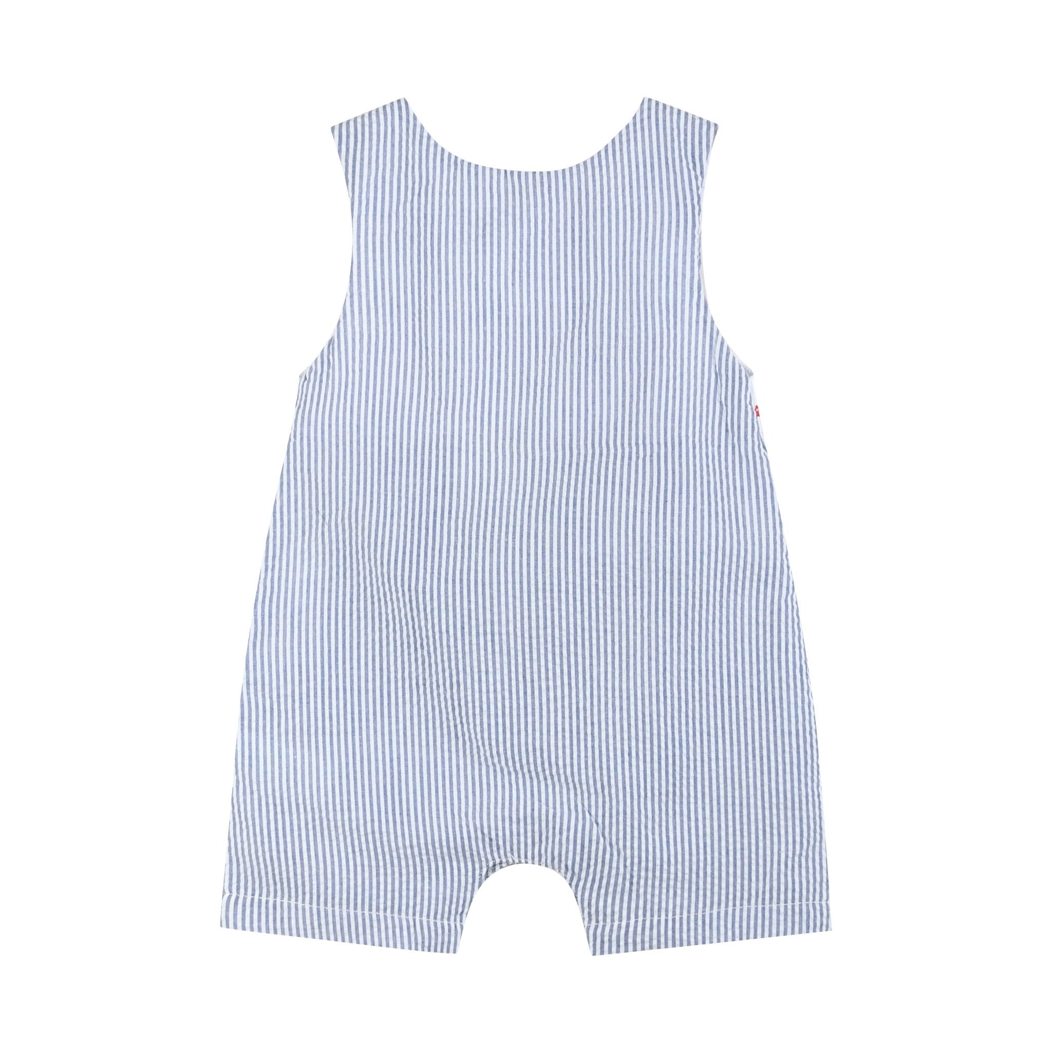 Blue Seersucker Baseball Smocked Shortalls