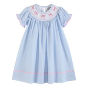 Blue Seersucker Bow Smocked Bishop Dress