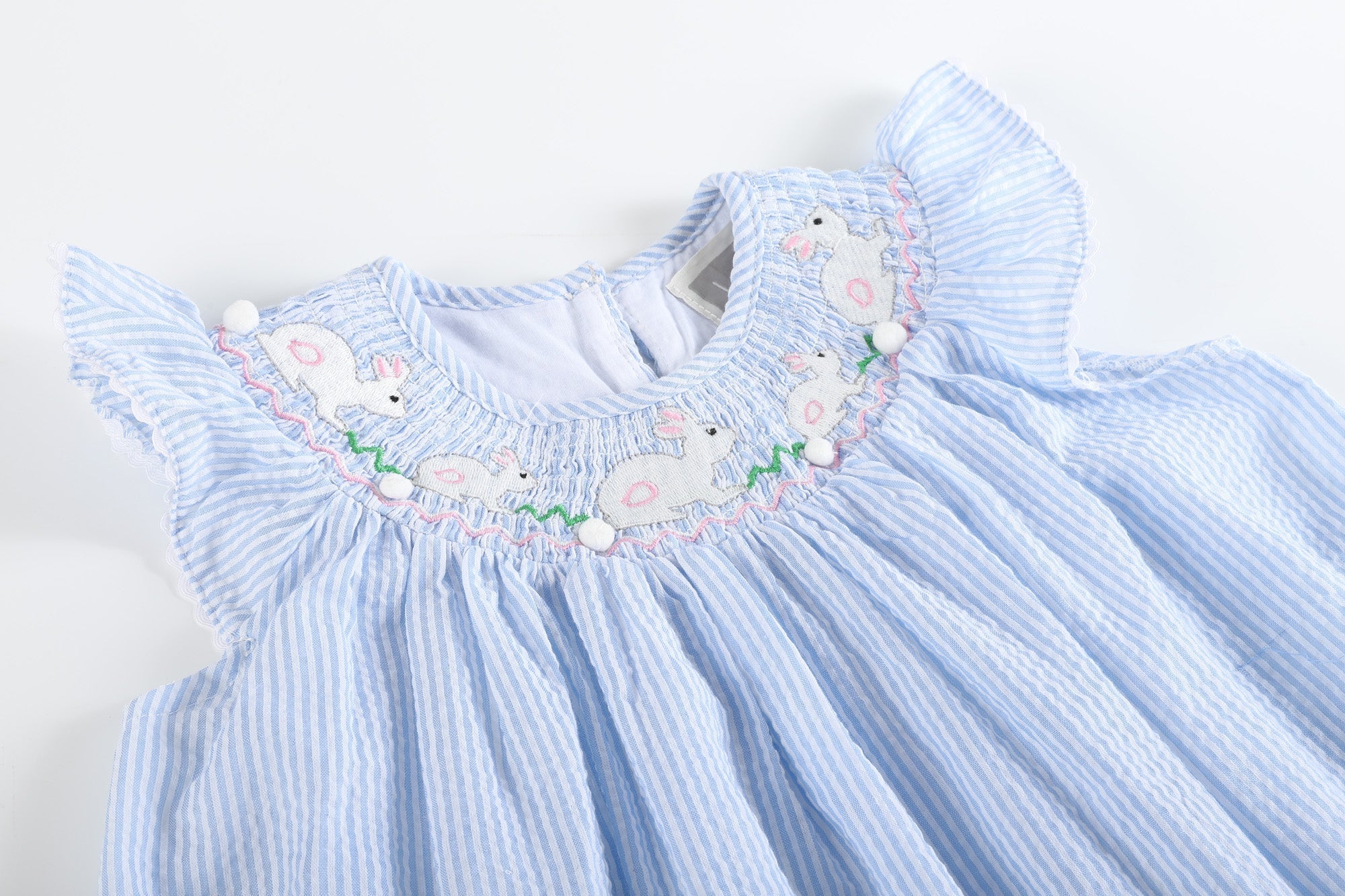 Blue Seersucker Easter Bunny Smocked Bishop Dress