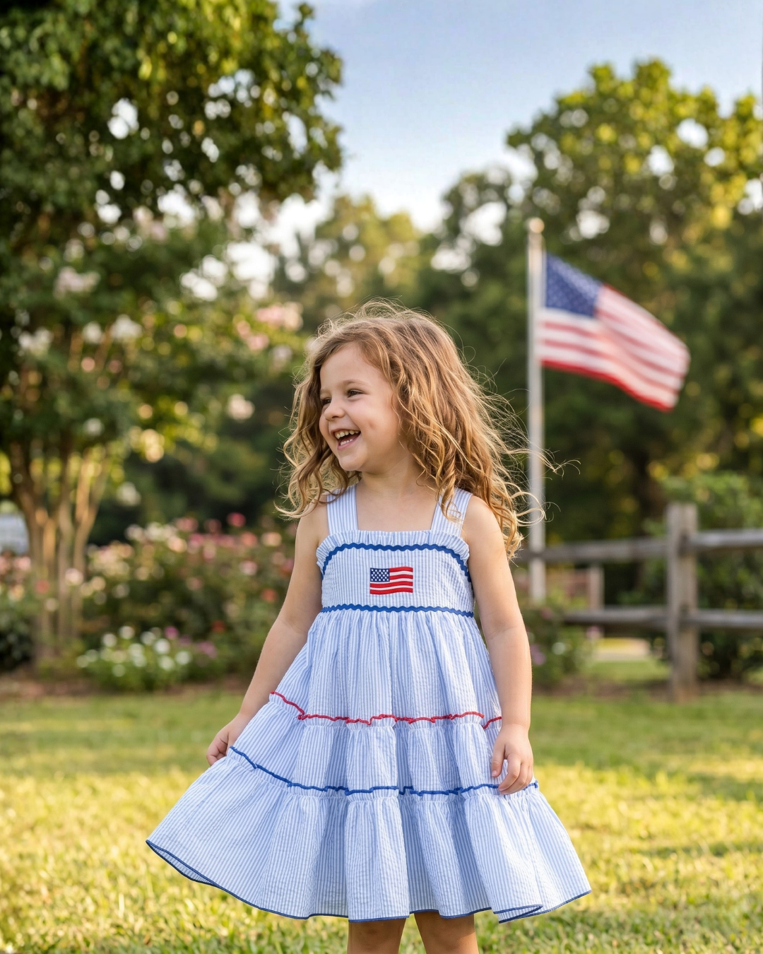Blue Seersucker Usa Flag Layered Sundress