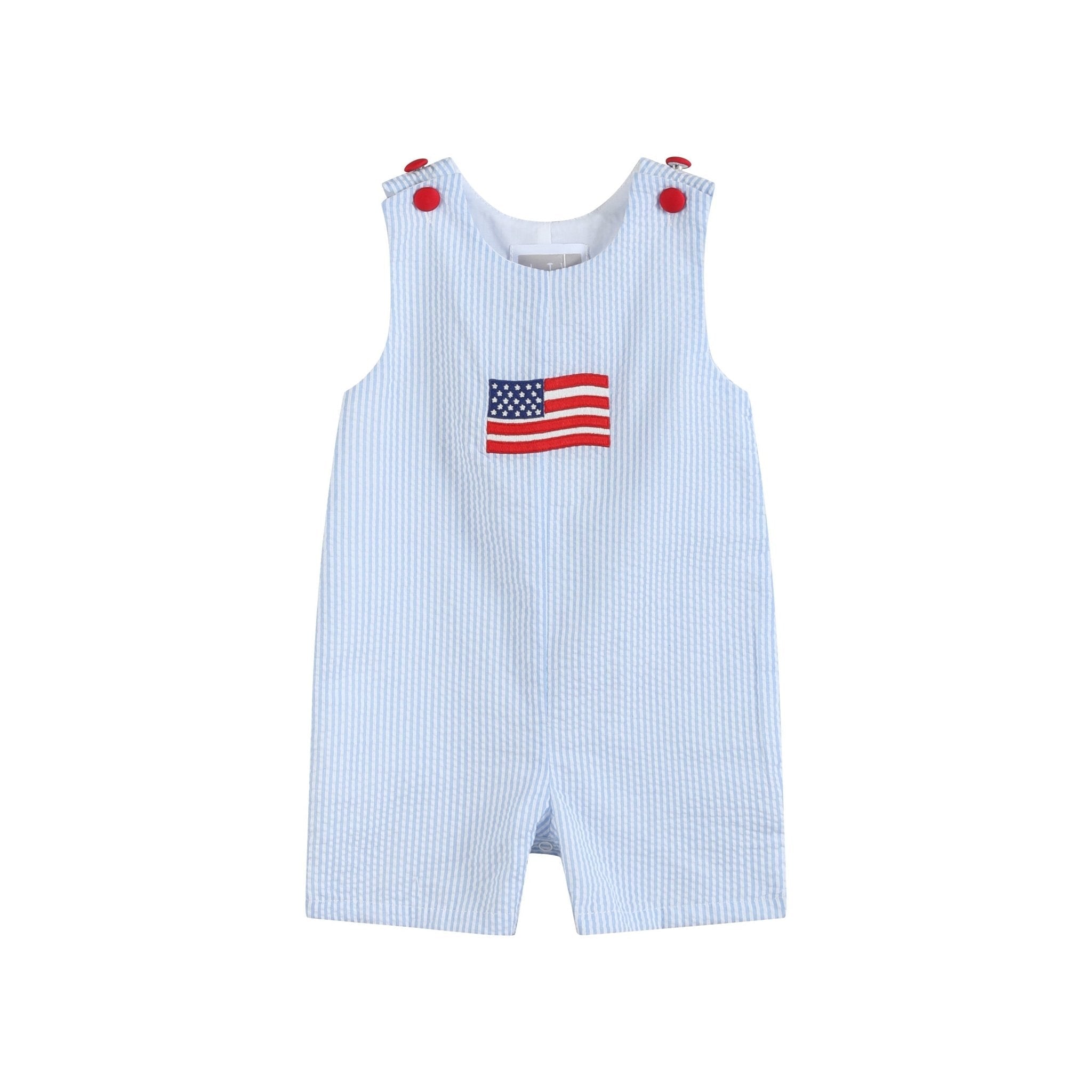 Blue Seersucker Usa Flag Shortalls