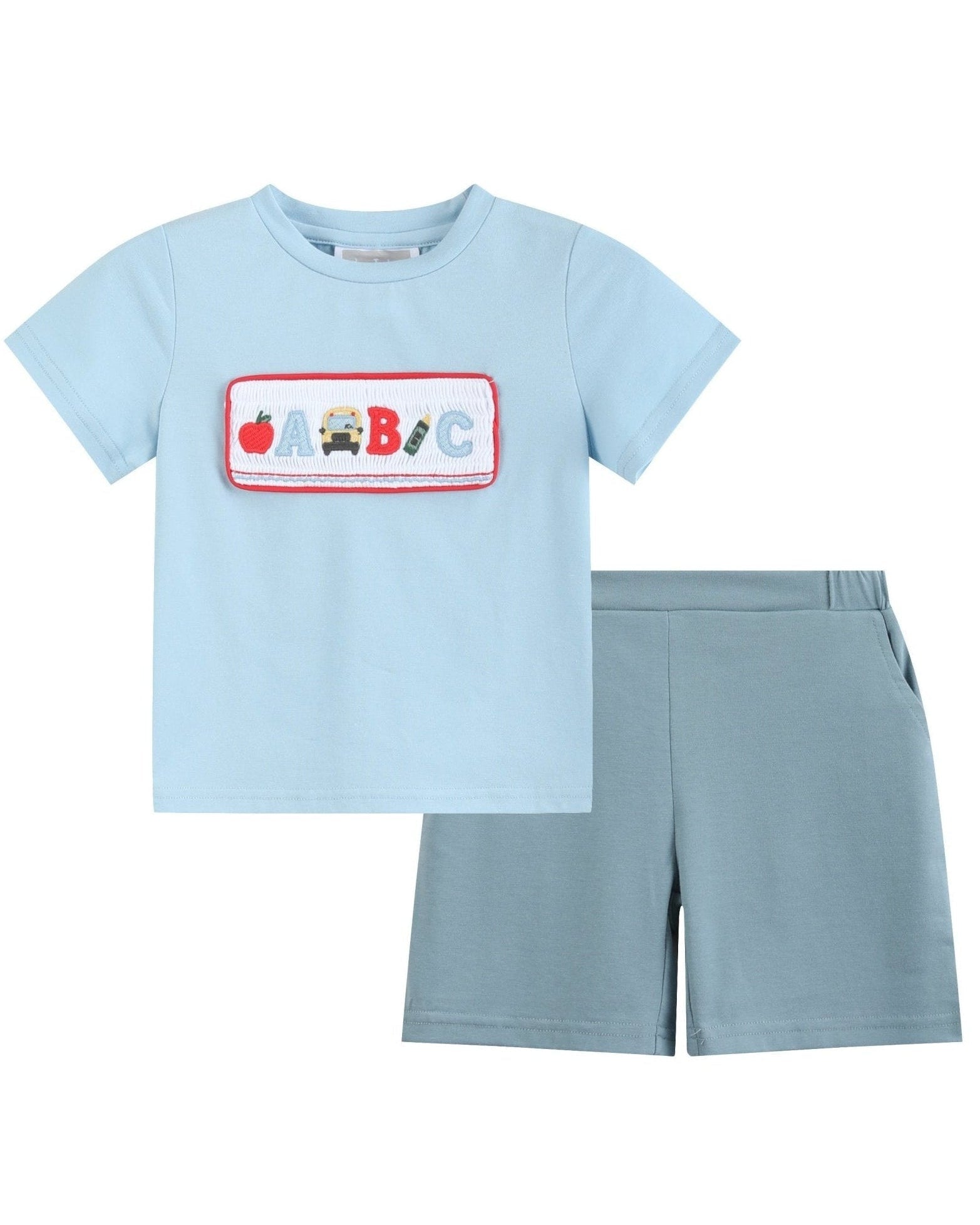 Blue Smocked Abc School Shirt And Shorts Set