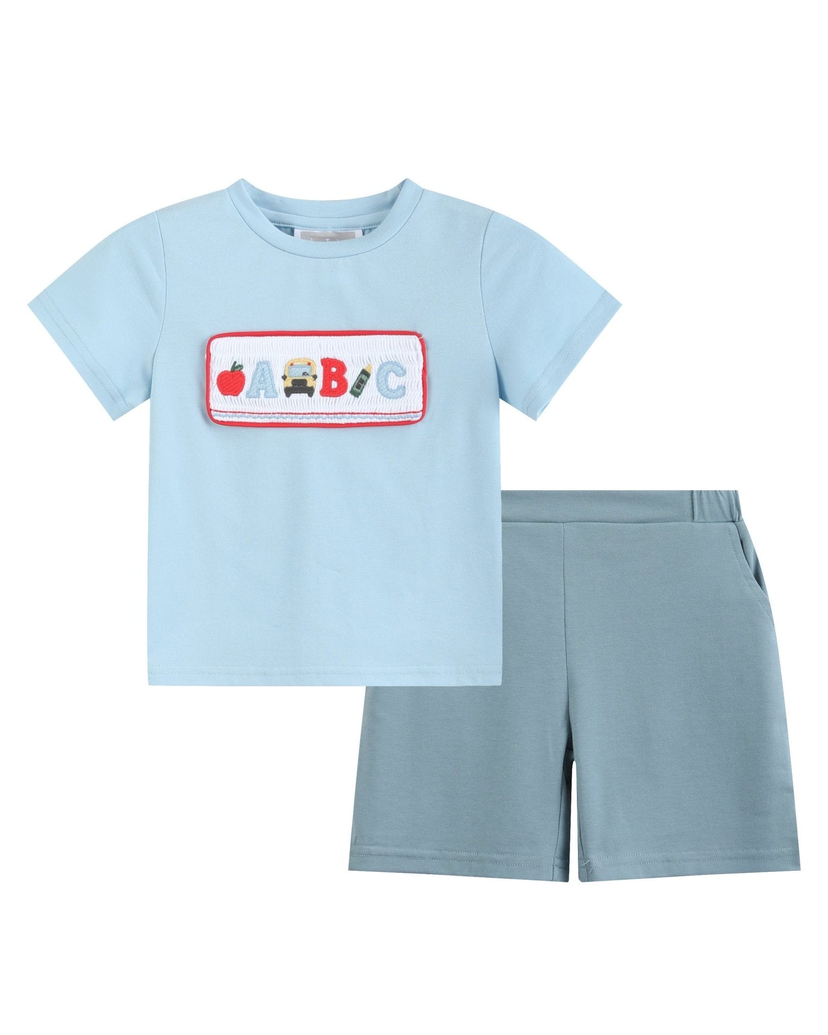 Blue Smocked Abc School Shirt And Shorts Set