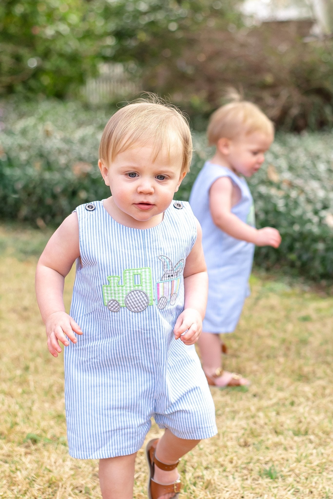 Blue Striped Bunny Train Shortalls