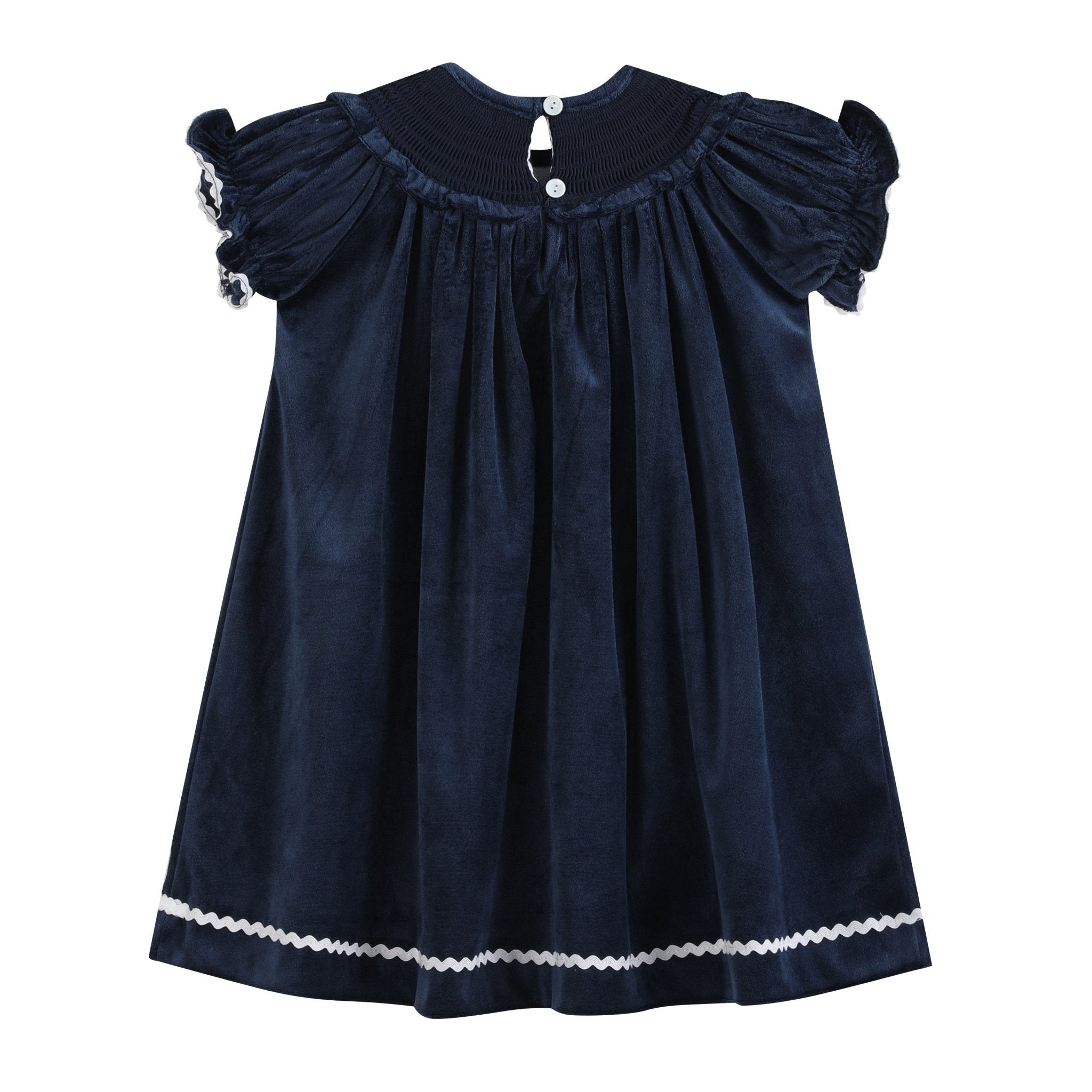 Blue Velvet Silver Bows Smocked Ruffle Bishop Dress