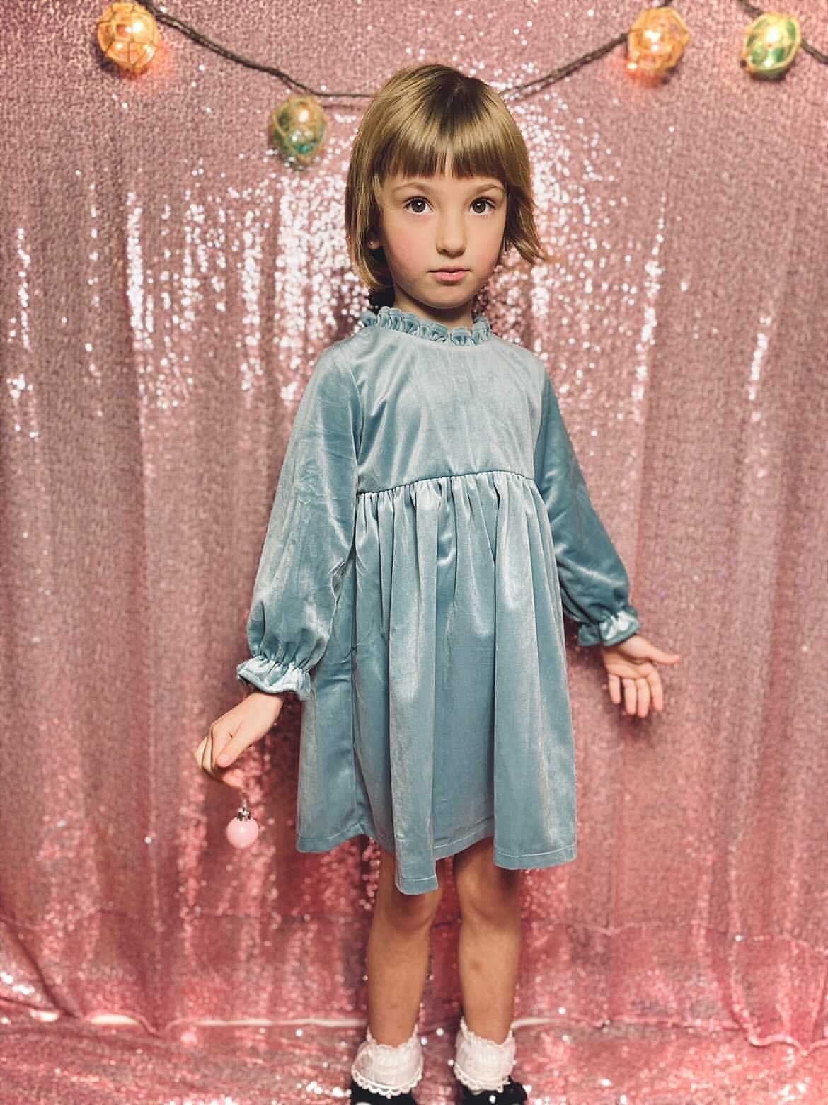 Girls Blue Christmas Dress In Velvet