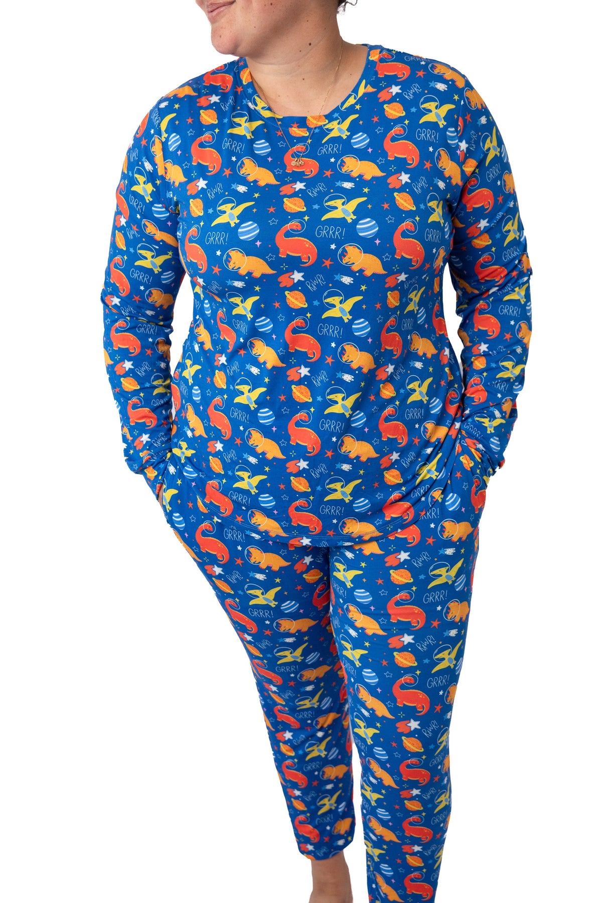 Electric Blue Space Dinosaur Bamboo Mommy & Me Pajamas
