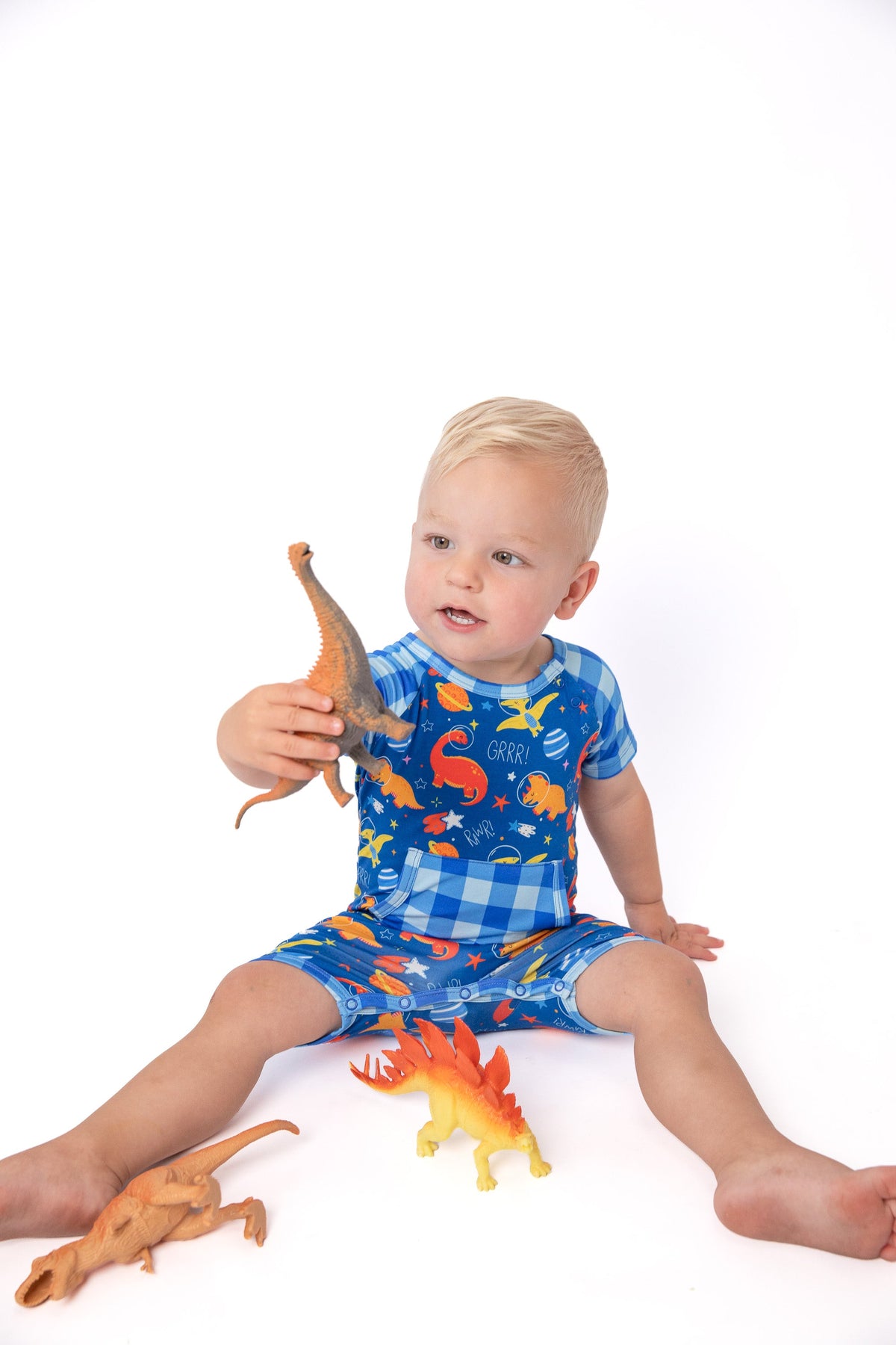 Space Dinosaur Bamboo Short Romper | Electric Blue
