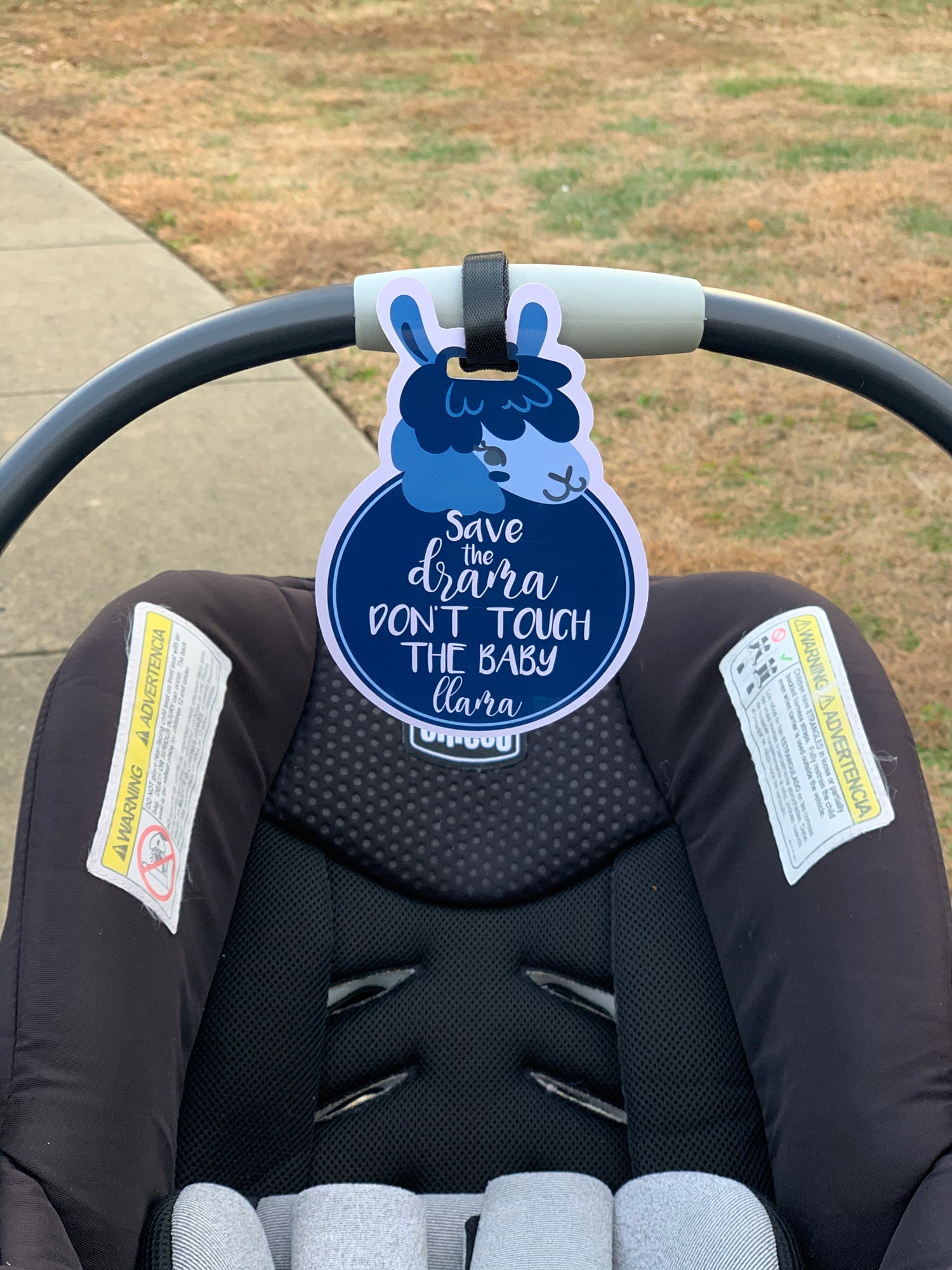 Blue Llama No Touching Baby Car Seat Tag