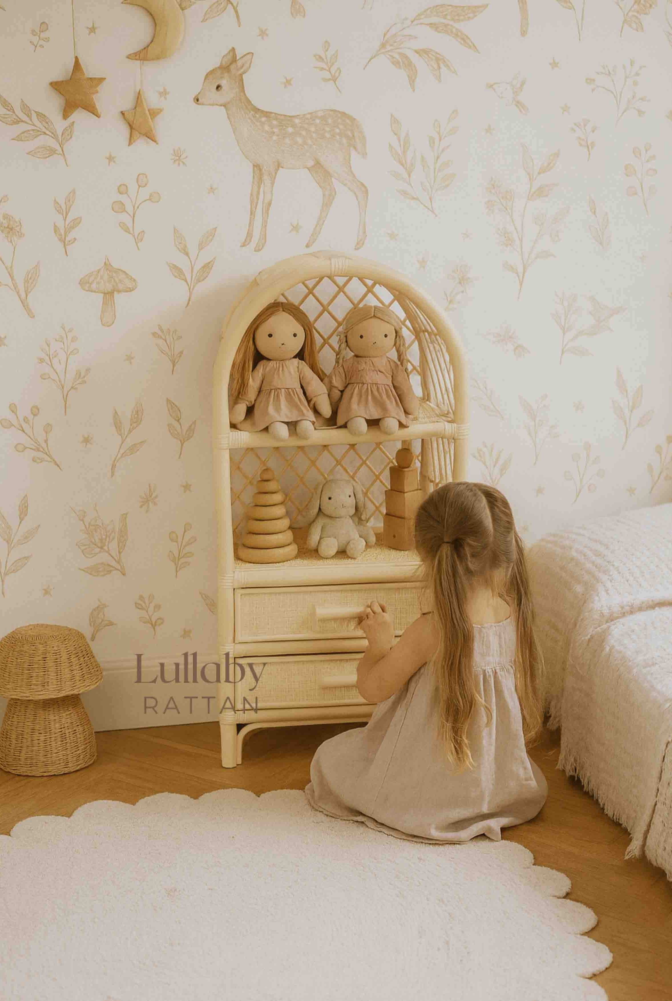 Boho Rattan Kids Bookshelf & Toy Storage | Montessori Doll Shelf – Eco-friendly Nursery & Playroom Furniture