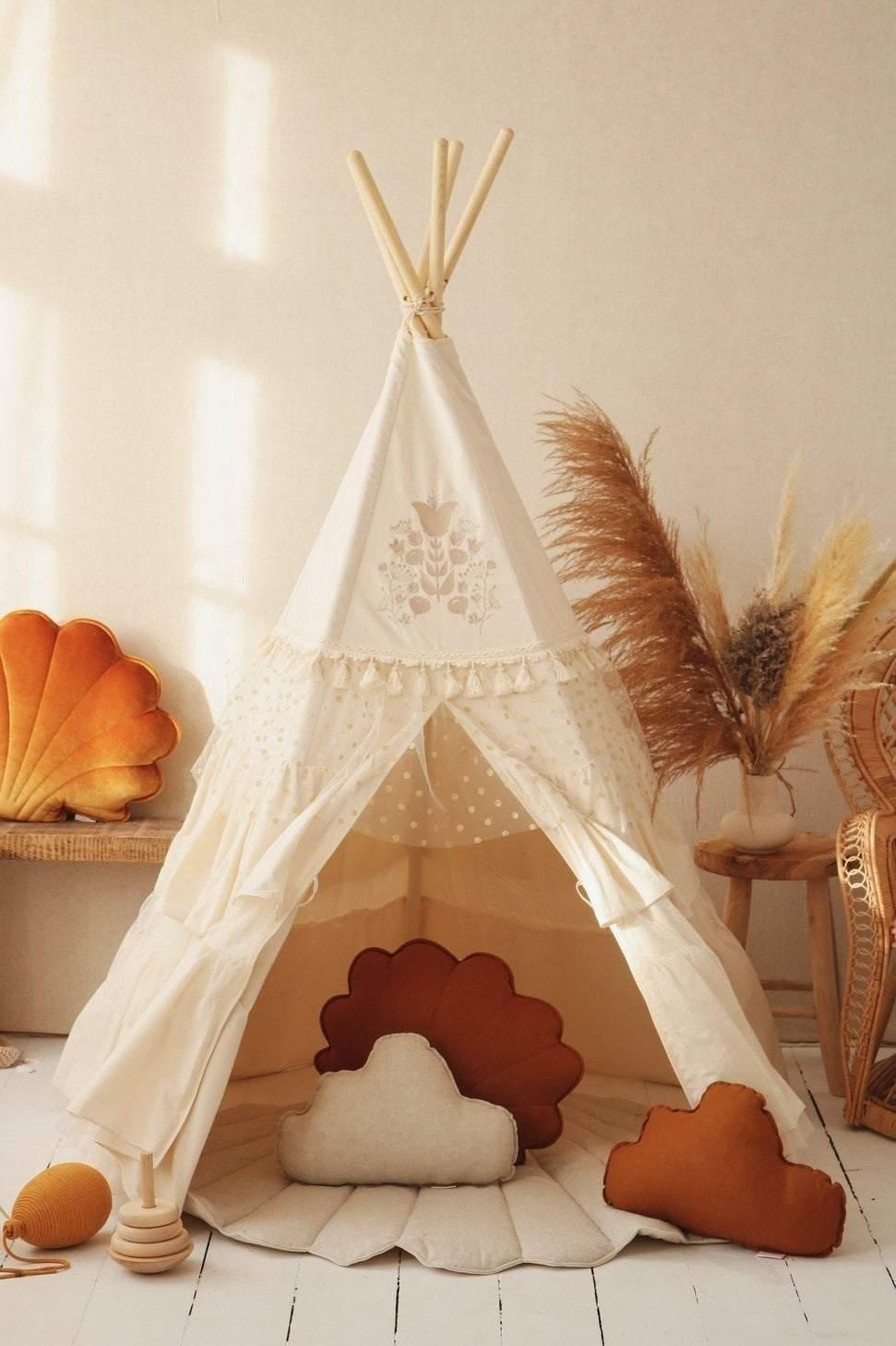 Boho Teepee Tent With Frills And Caramel - Mat With Frill Set