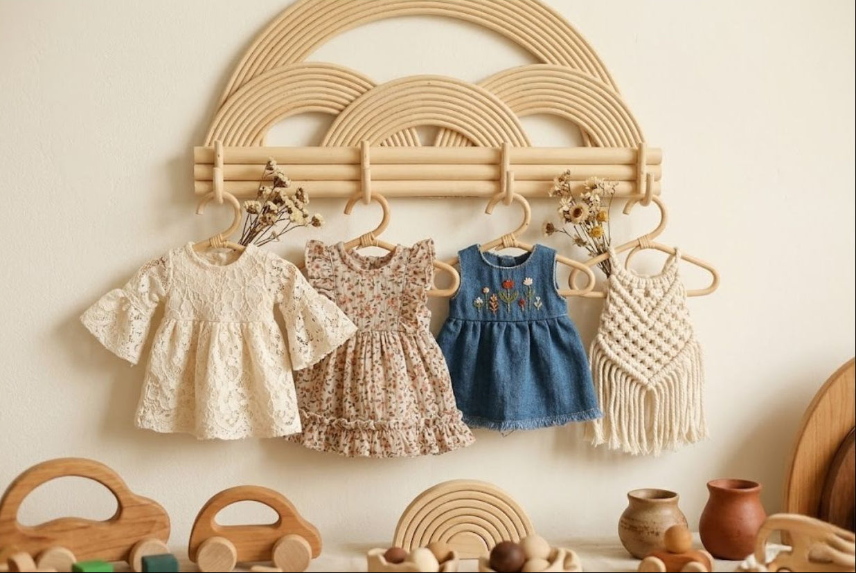 Montessori Rainbow Wall Hanger  |  Rattan Wall Rack | Boho Nursery Wall Hooks For Kids
