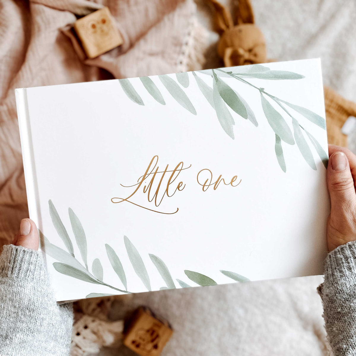 Baby Memory Book - Olive And Gold Foil With Gilded Edges