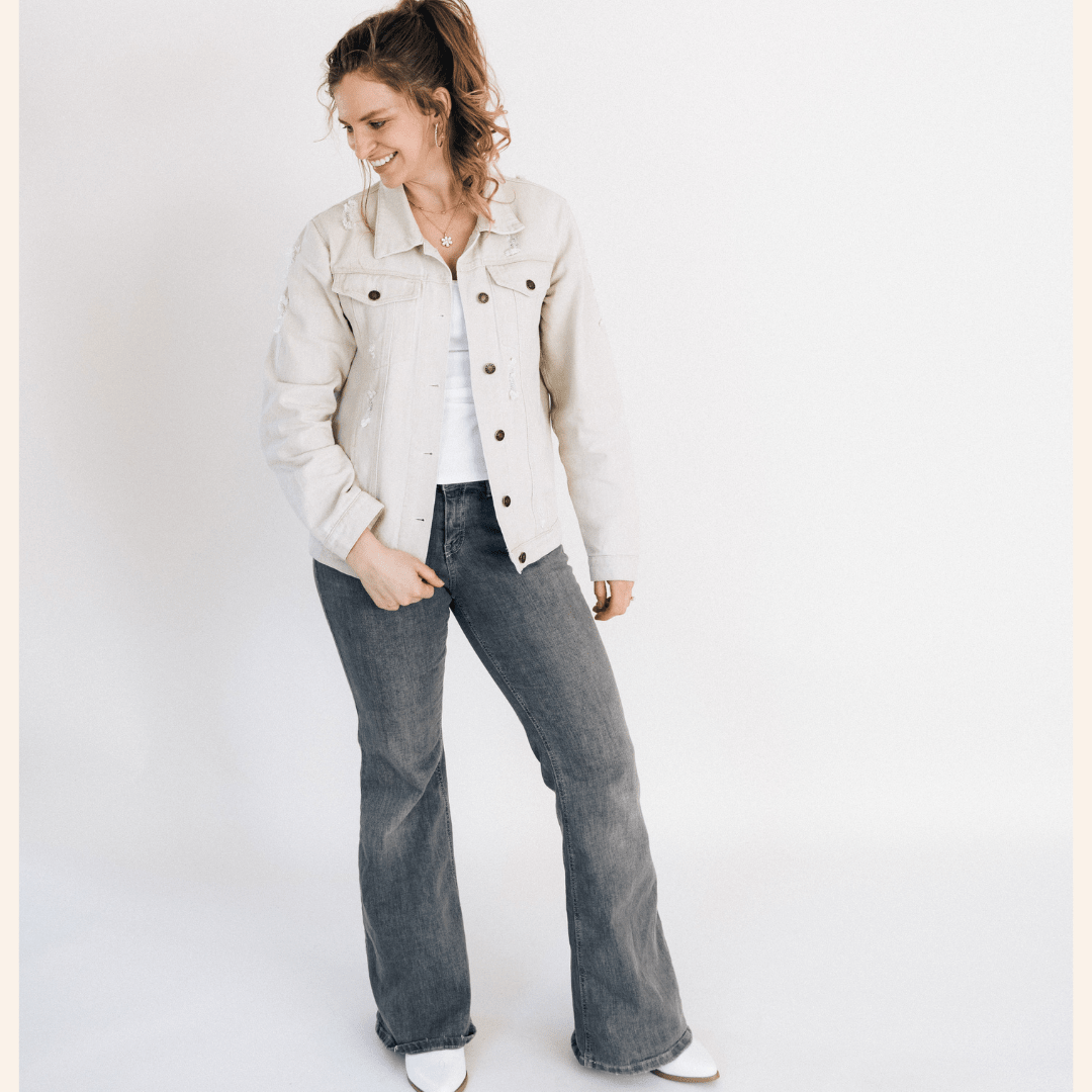 Khaki Distressed Denim Jean Jacket - Adult
