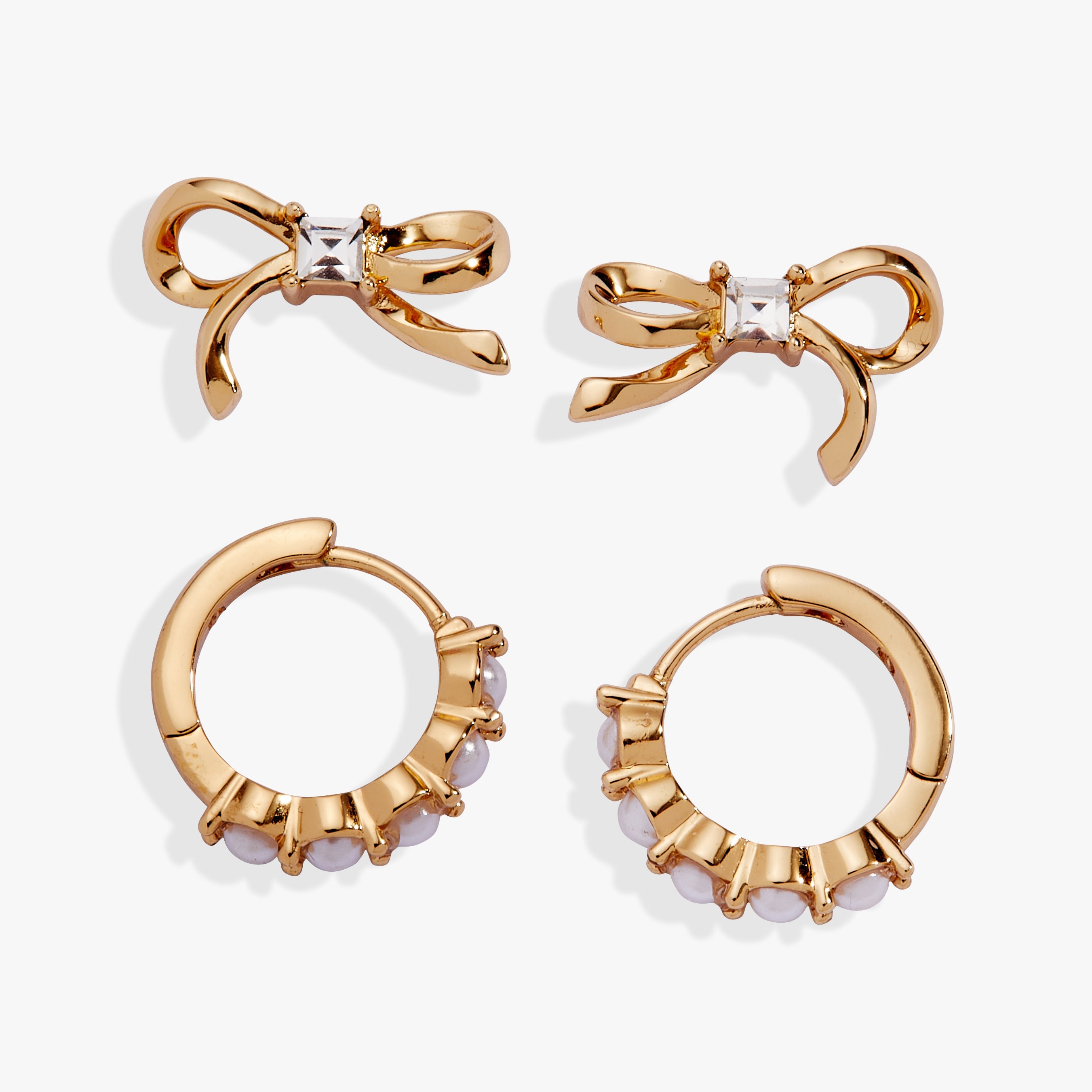 Bow Studs And Pearl Hoop Coquette Earring Set Of 2