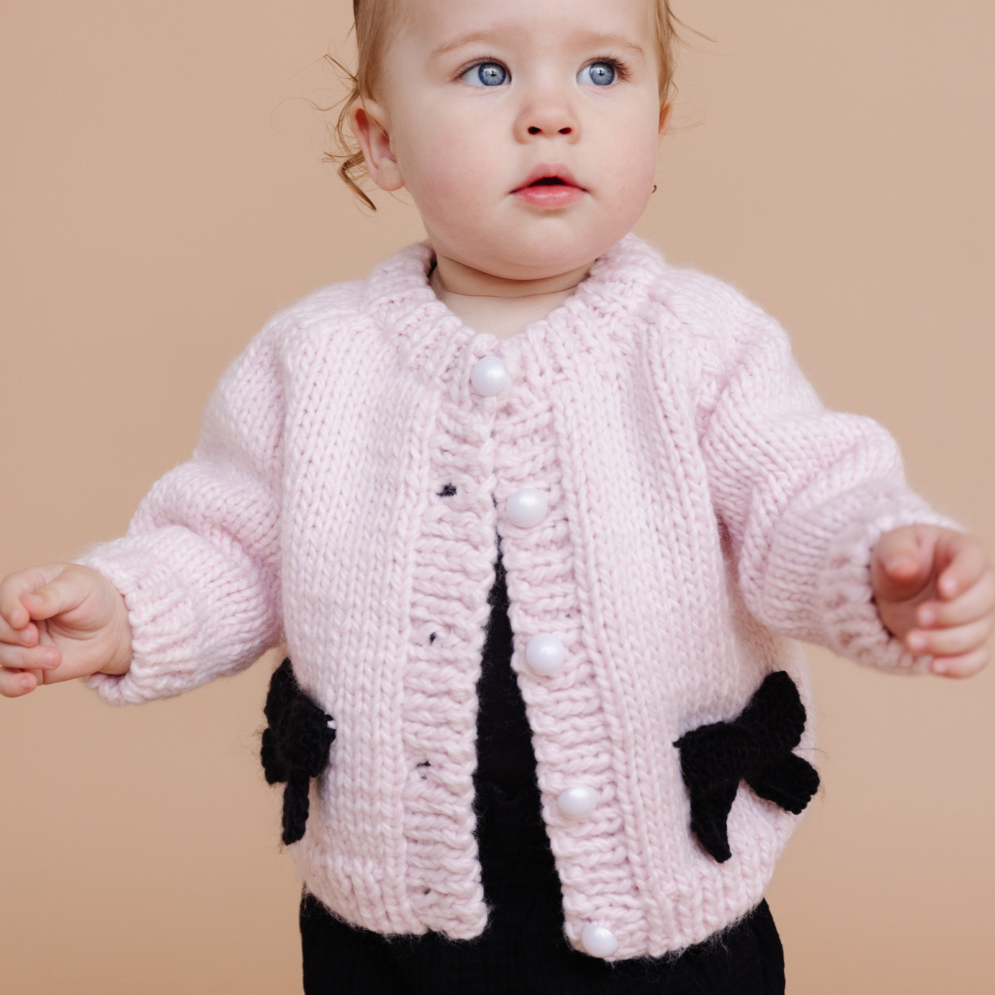 Bow Cardigan, Baby Pink/black