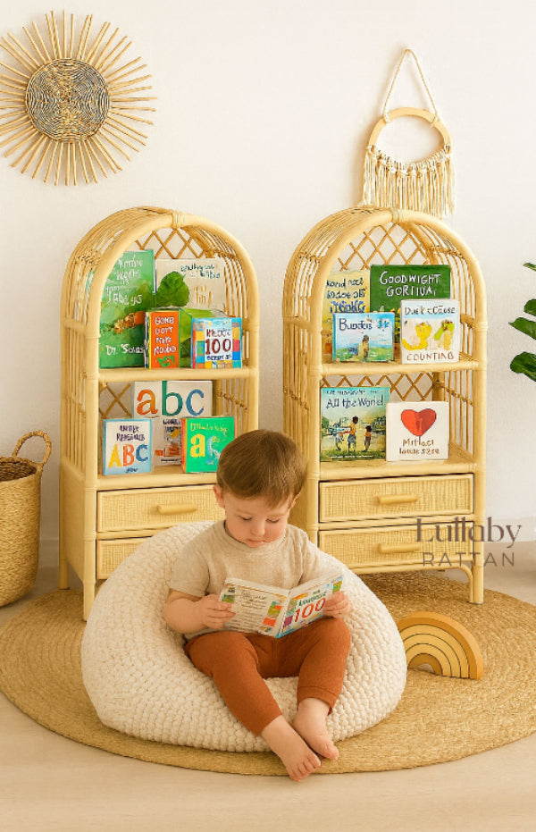 Boho Rattan Kids Bookshelf & Toy Storage | Montessori Doll Shelf – Eco-friendly Nursery & Playroom Furniture