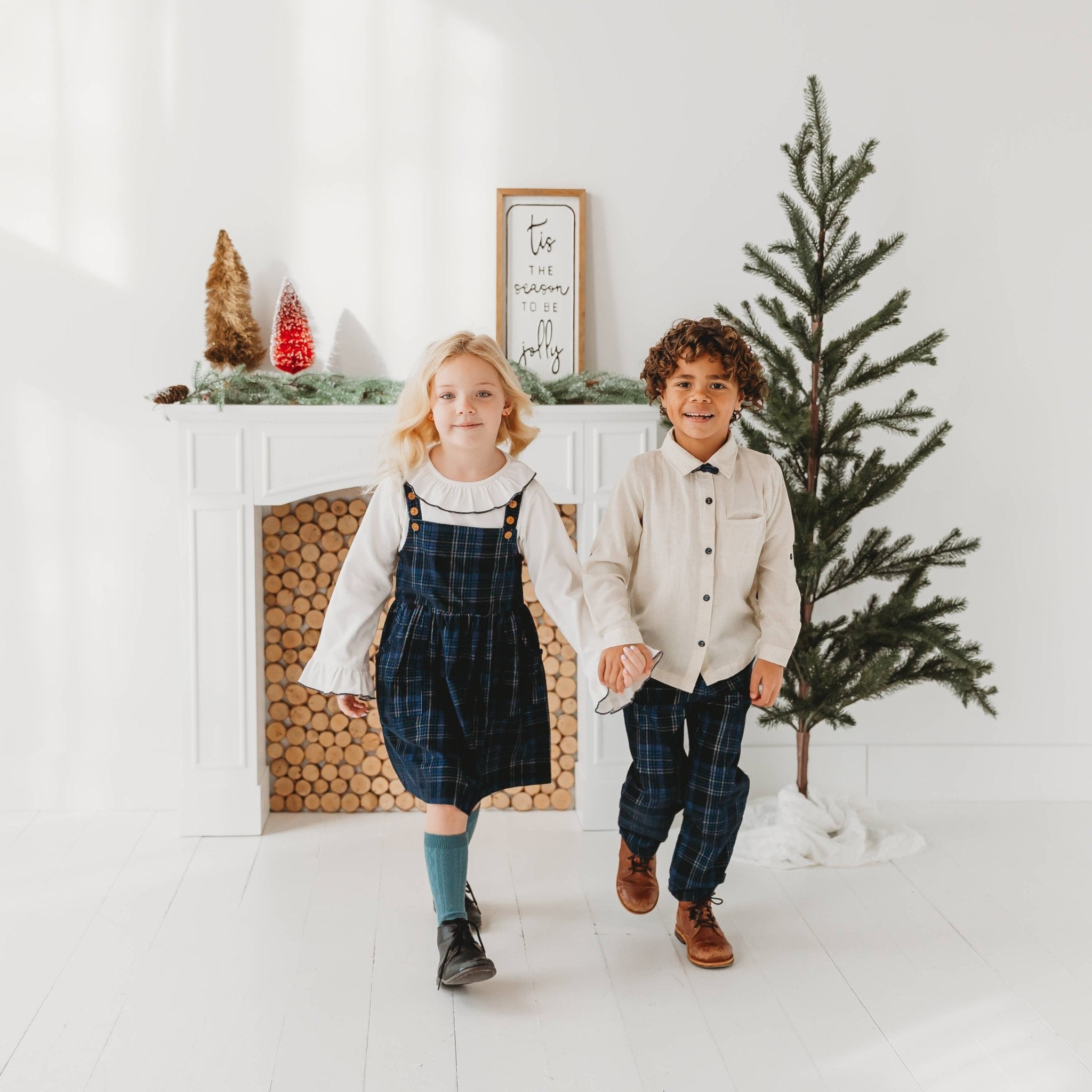 Boys Blue Plaid Cord Set, With Linen Shirt With Bow