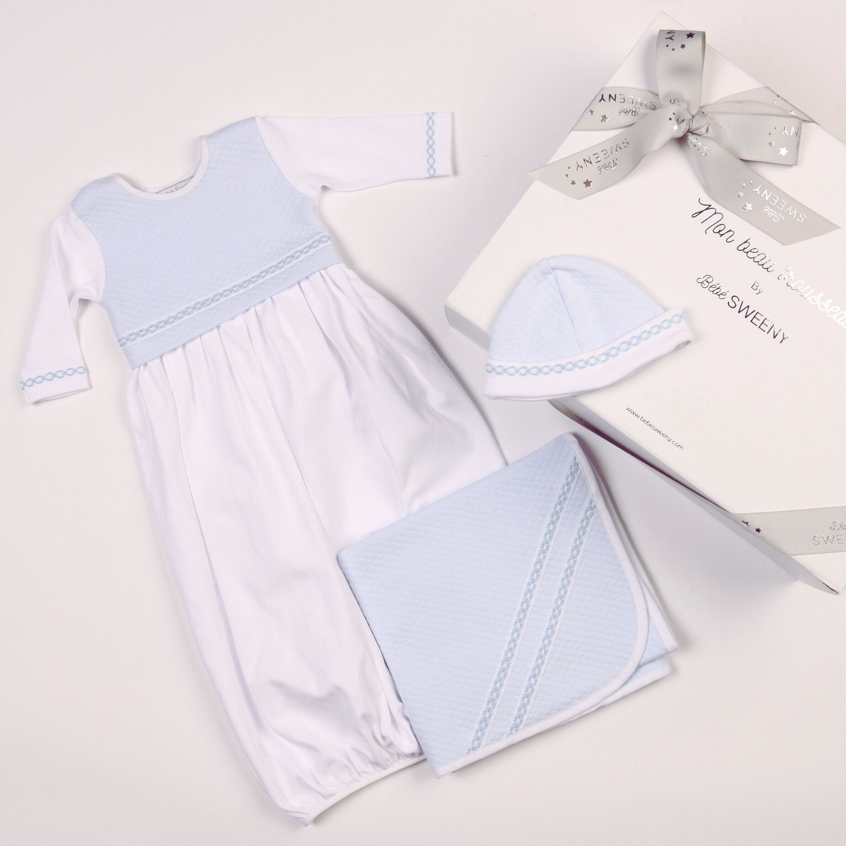 Baby White & Blue Cotton Gown Set (3)