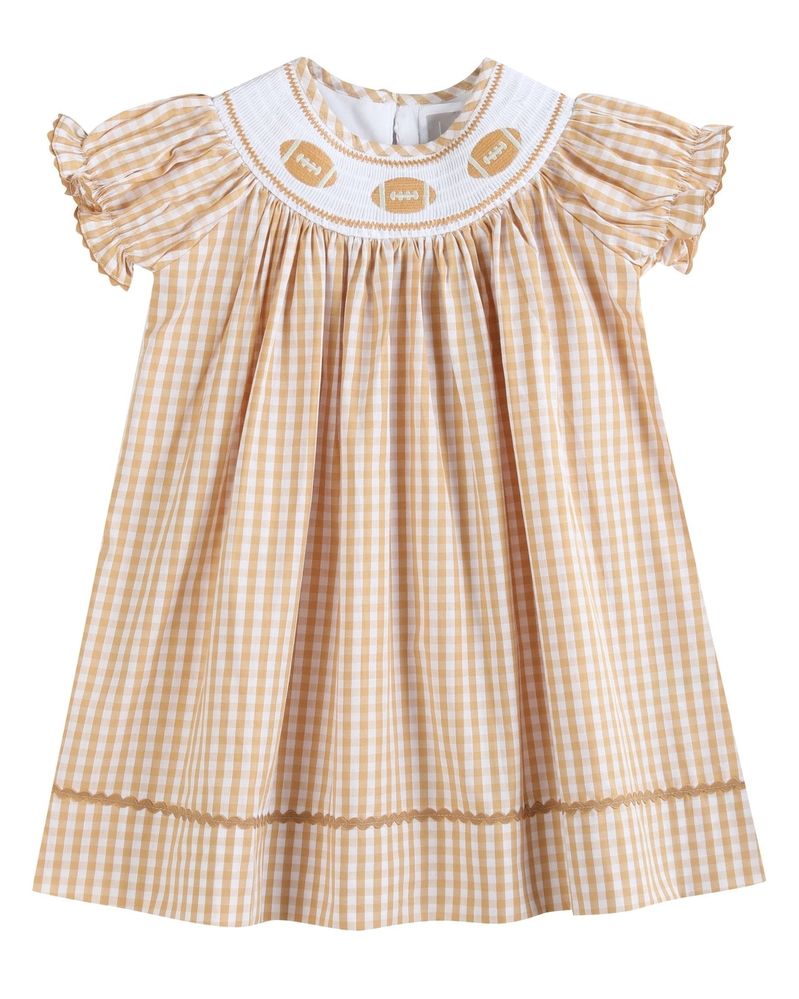 Brown Gingham Football Smocked Bishop Dress