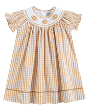 Brown Gingham Football Smocked Bishop Dress