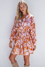Brown Floral Puff Sleeve Smocked Waist Layered Dress