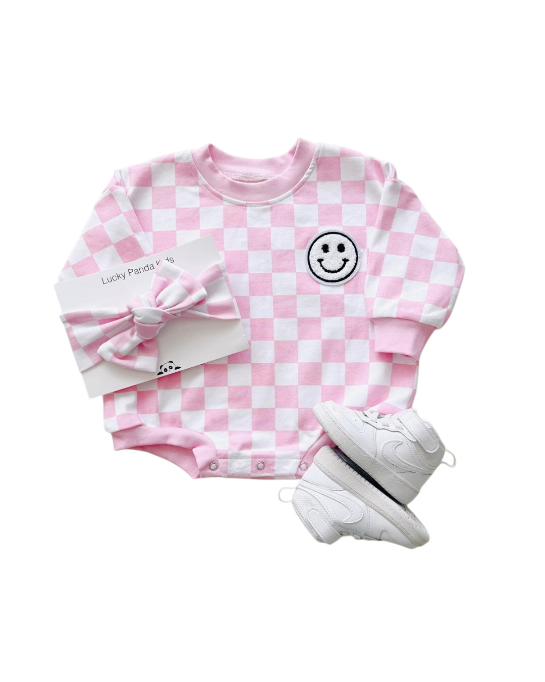Bubble Romper | Checkered Smiley Pink