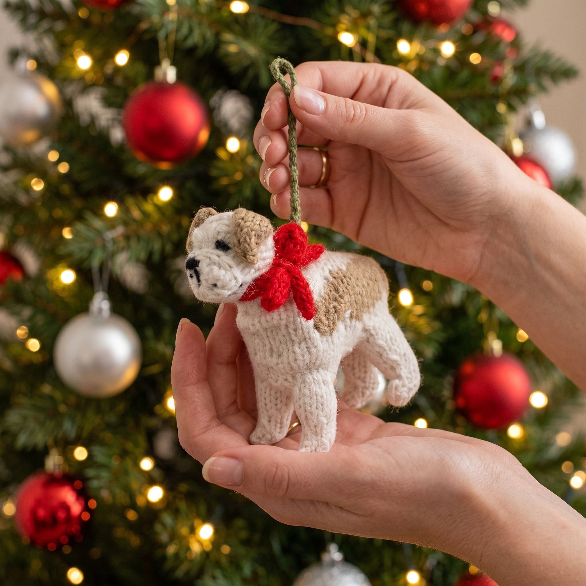 Hand Knit Alpaca Wool Christmas Ornament - Bulldog