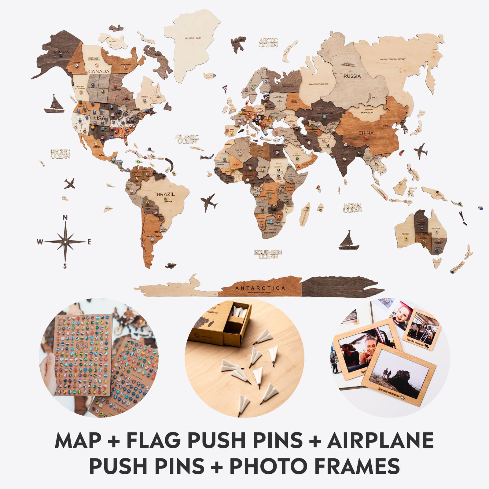 Bundle: Map, Photo Frames, Flags And Airplanes Pins