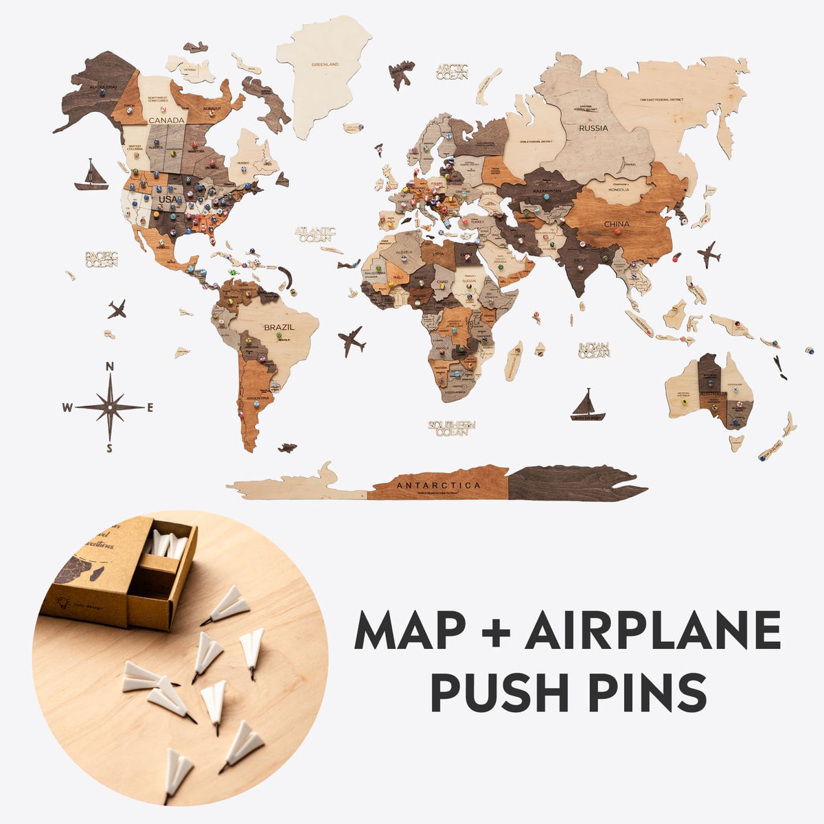 Bundle: Wooden Map And Airplanes Pins