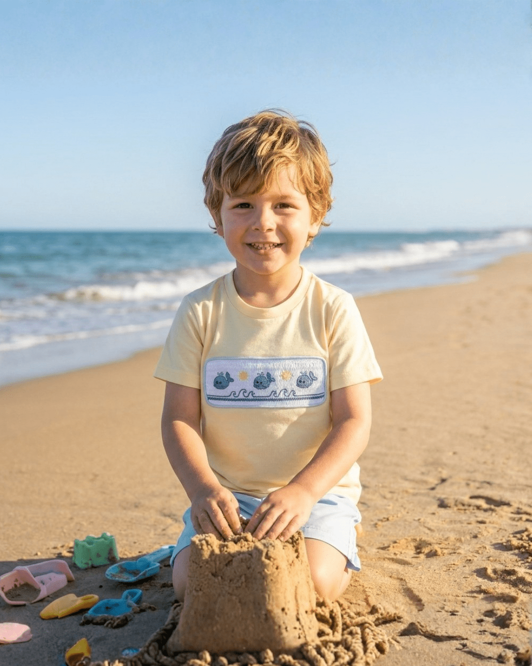 Buttercream Yellow Whale Smocked Shirt And Shorts Set