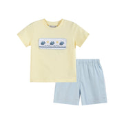Buttercream Yellow Whale Smocked Shirt And Shorts Set