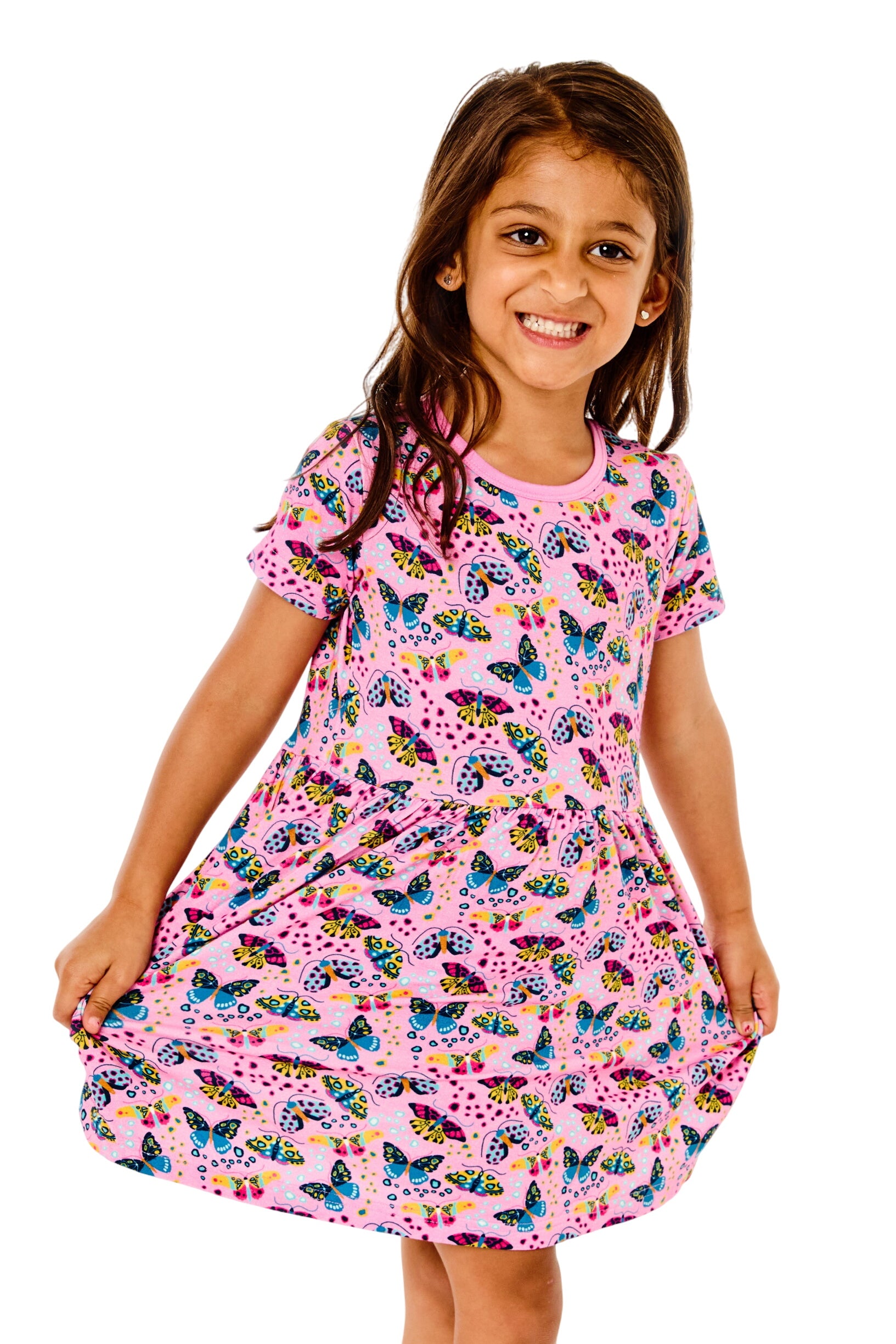 Stretchy Short Sleeve Twirl Dress - Butterflies
