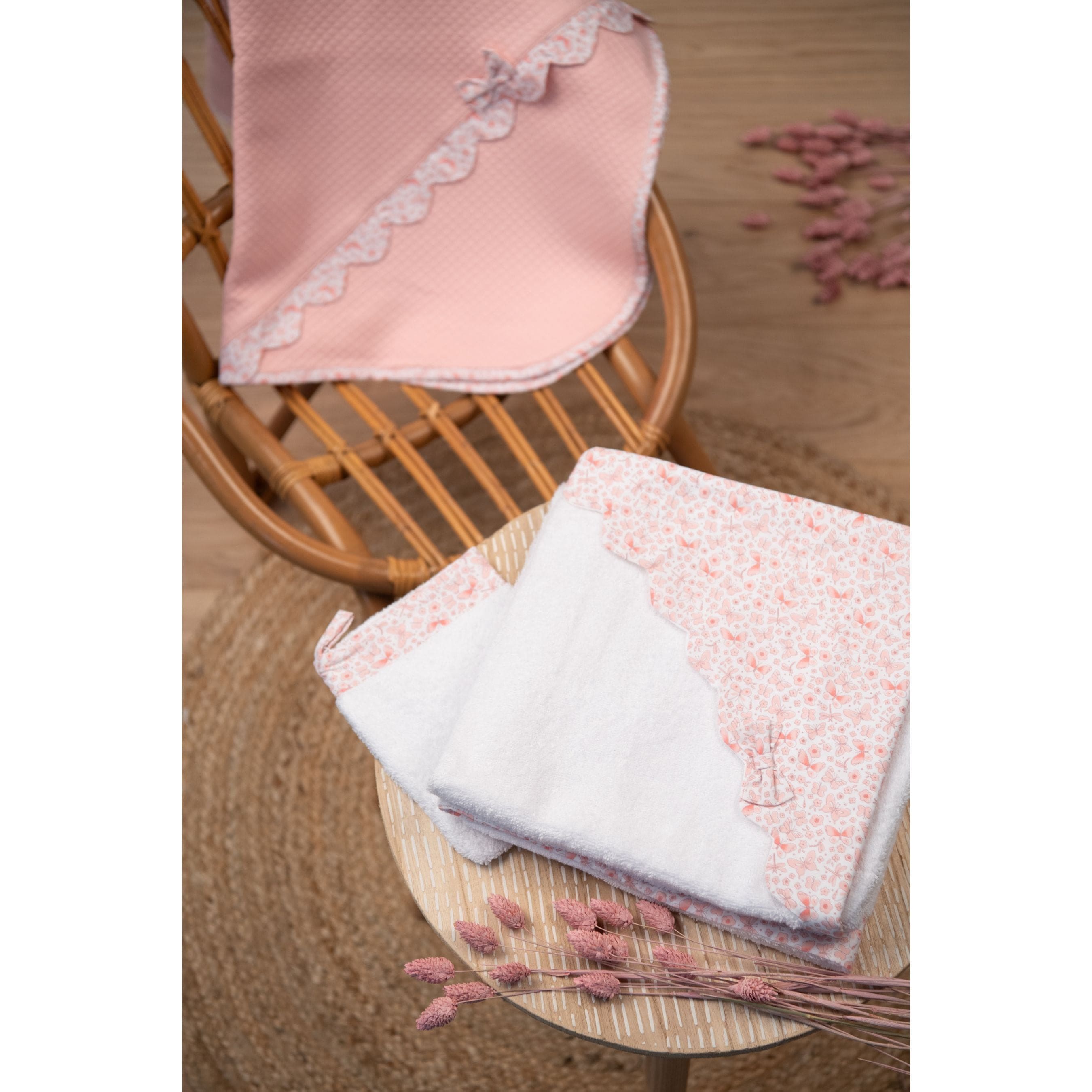 Butterfly | Girls White & Pink Hooded Baby Towel & Mitt Set