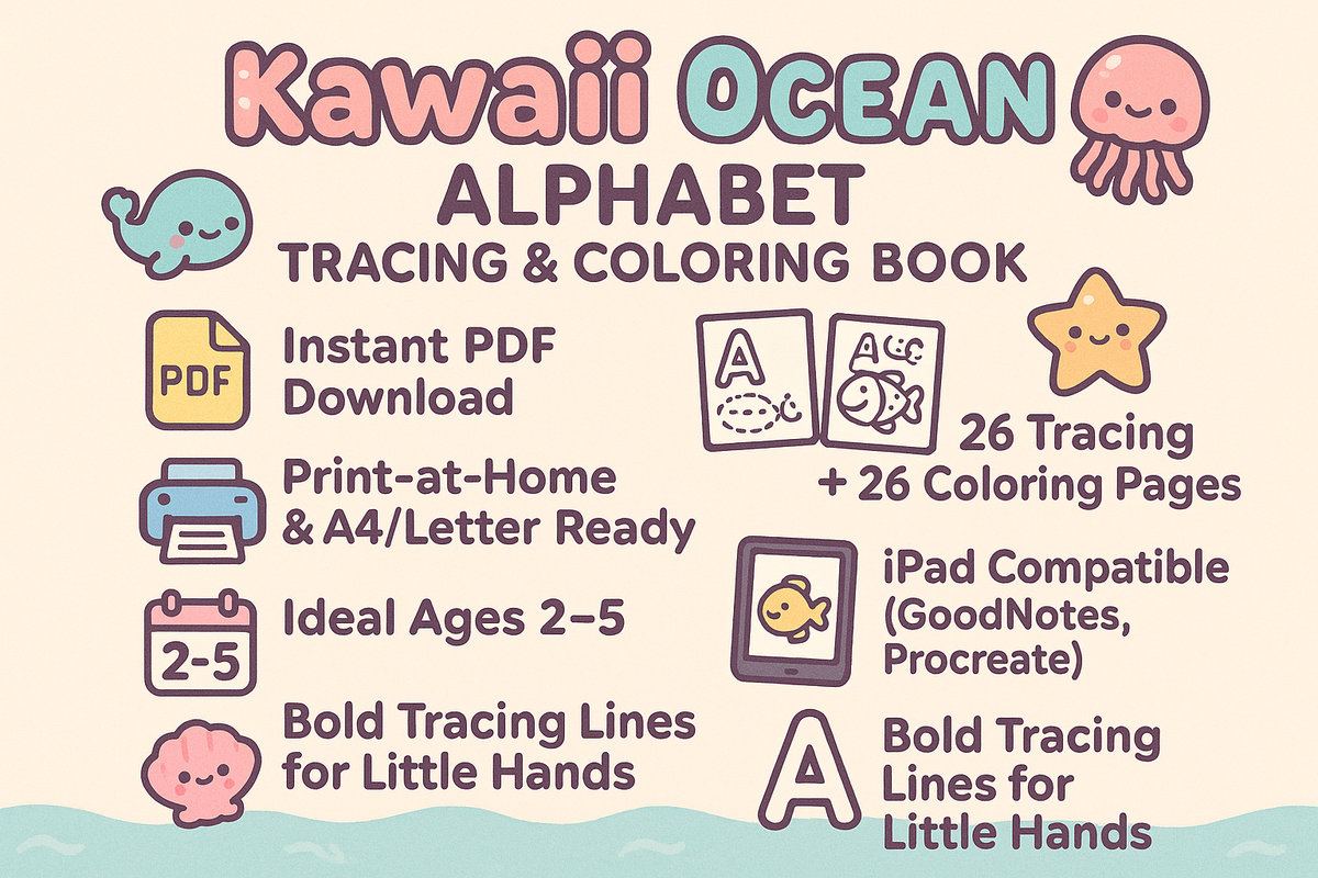 Kawaii Ocean Alphabet Tracing & Coloring Book | Digital Download Pdf