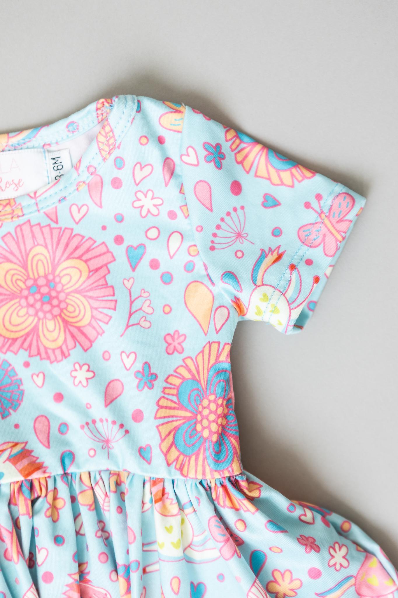 Blue Retro Unicorns S/s Twirl Bodysuit