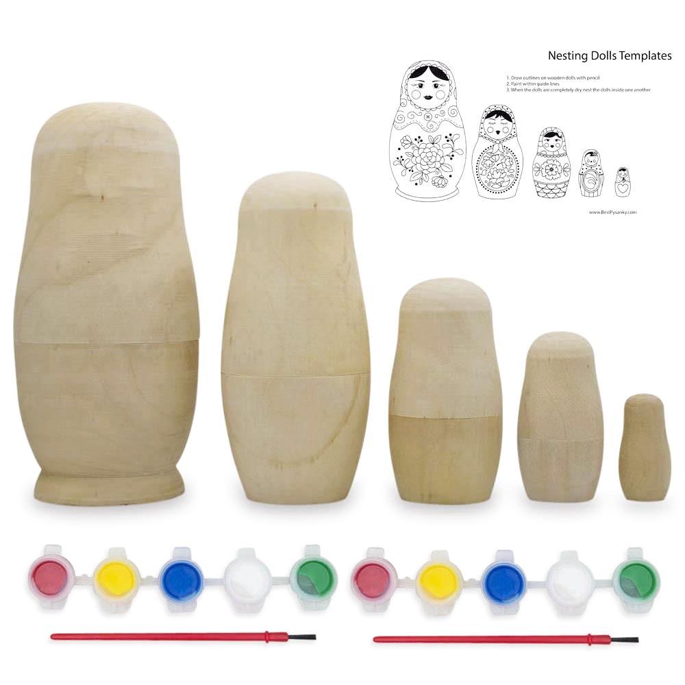 Set Of 5 Unfinished Unpainted Wooden Nesting Dolls Craft Diy Kit 6 Inches