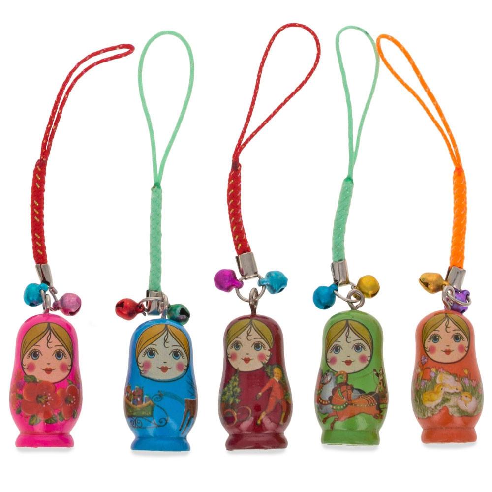 Set Of 5 Wooden Dolls Matryoshka Key Chain Charms 1.5 Inches