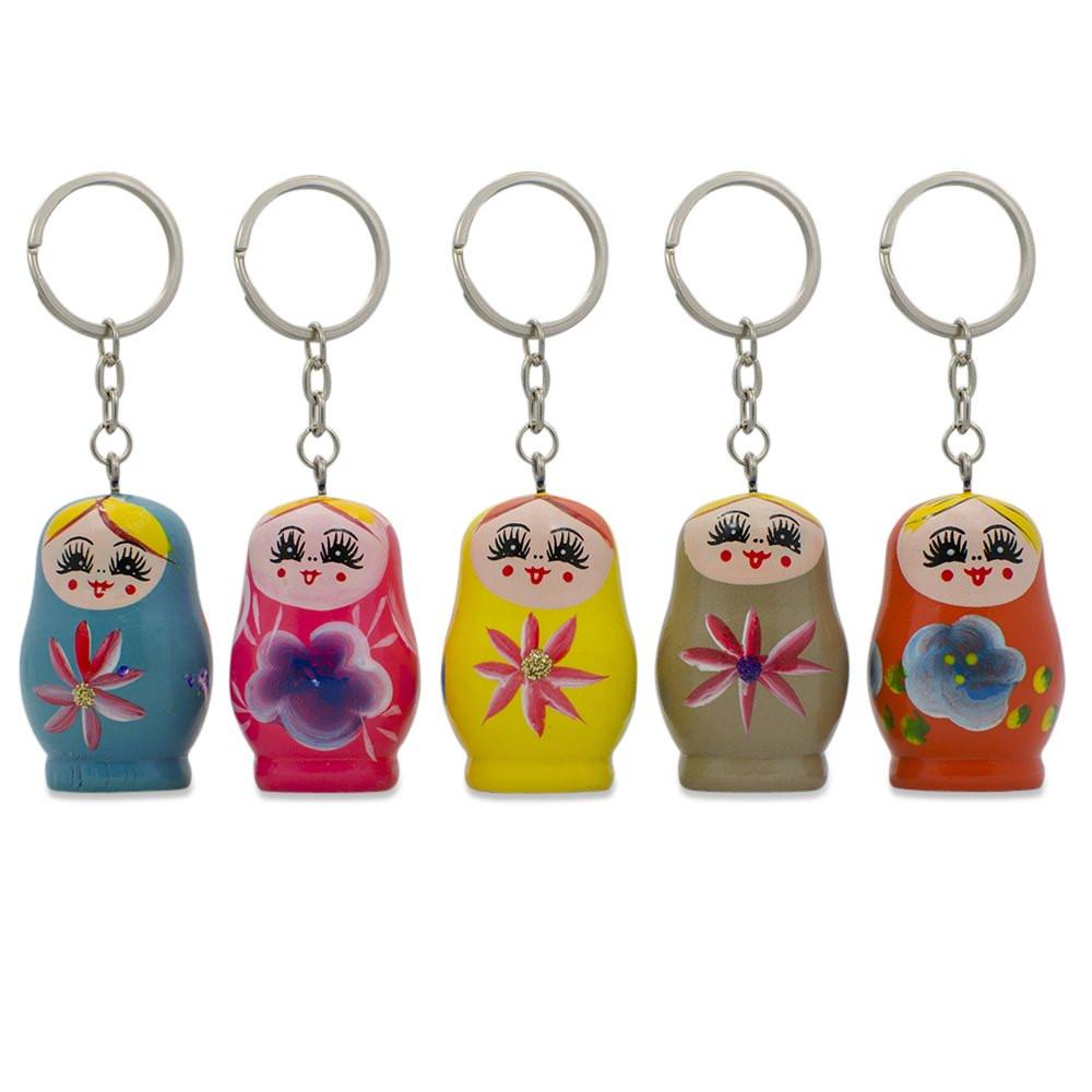 5 Wooden Nesting Dolls Key Chains 1.75 Inches