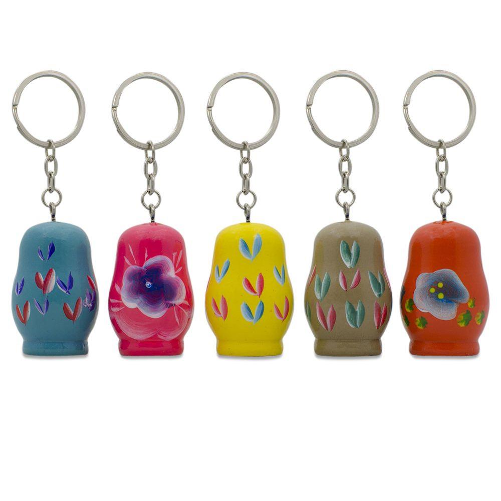 5 Wooden Nesting Dolls Key Chains 1.75 Inches