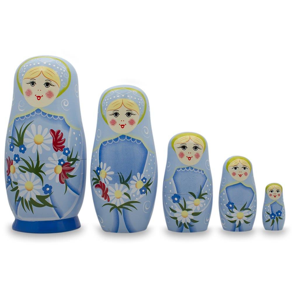 5 Girls With Daisy Flowers & Blue Skirt Wooden Nesting Dolls 6 Inches