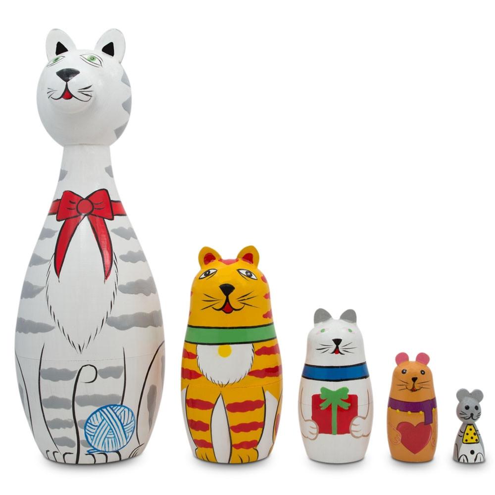 Tabby, Siamese, Maine Coon & Mouse Cats Wooden Nesting Dolls 7 Inches