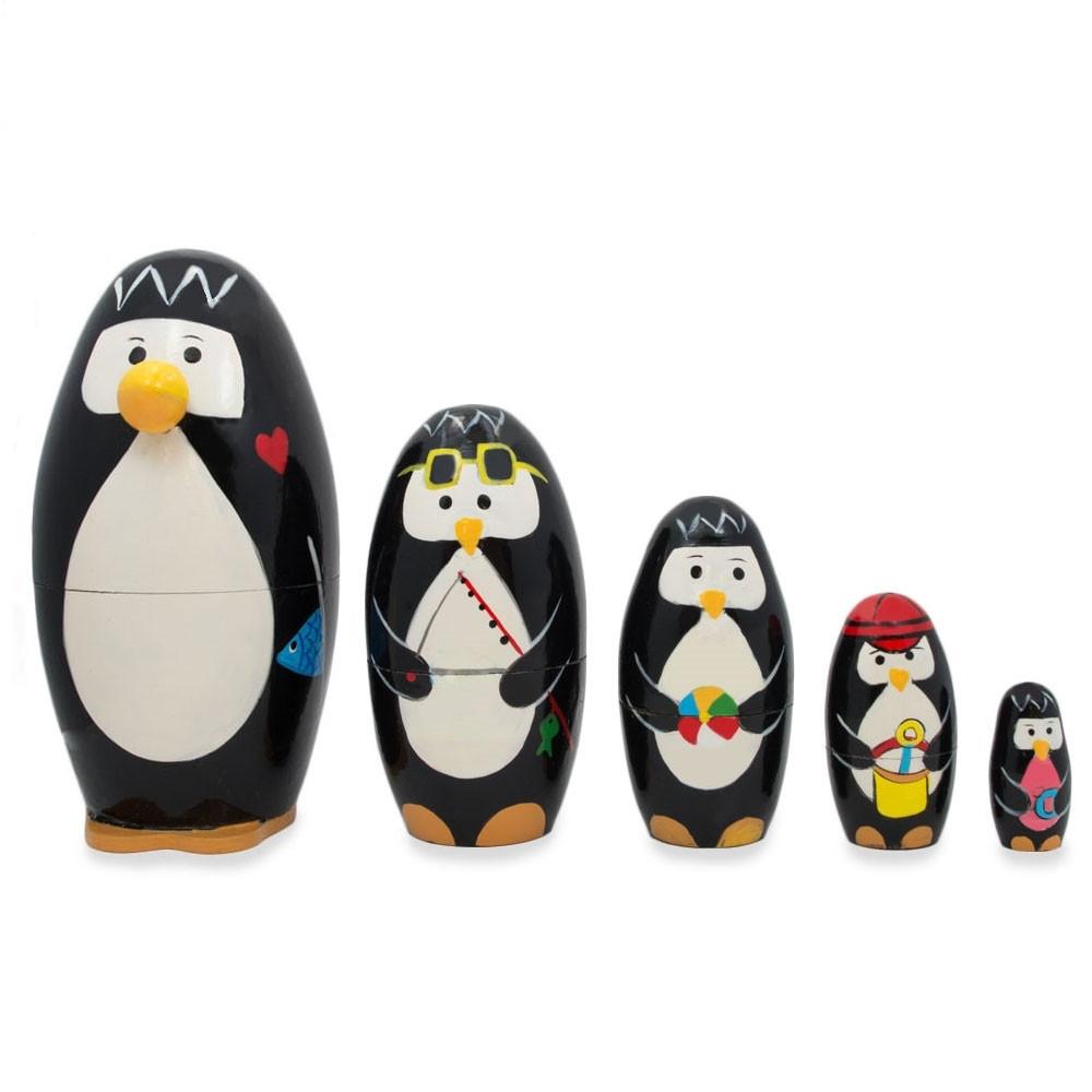 Set Of 5 Penguins Wooden Nesting Dolls 5 Inches