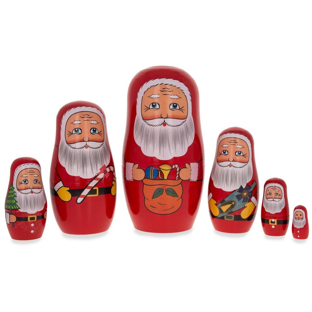 Set Of 6 Santa With Christmas Gifts Wooden Nesting Dolls 5.5 Inches