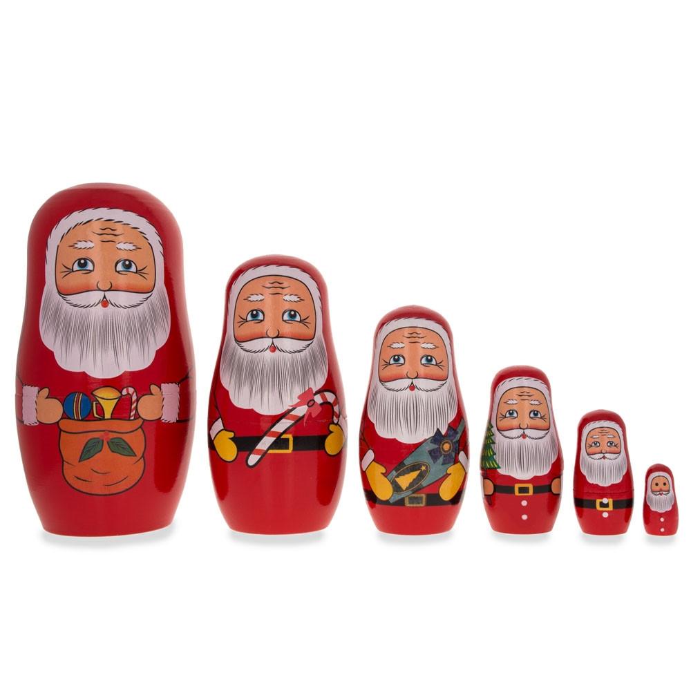 Set Of 6 Santa With Christmas Gifts Wooden Nesting Dolls 5.5 Inches